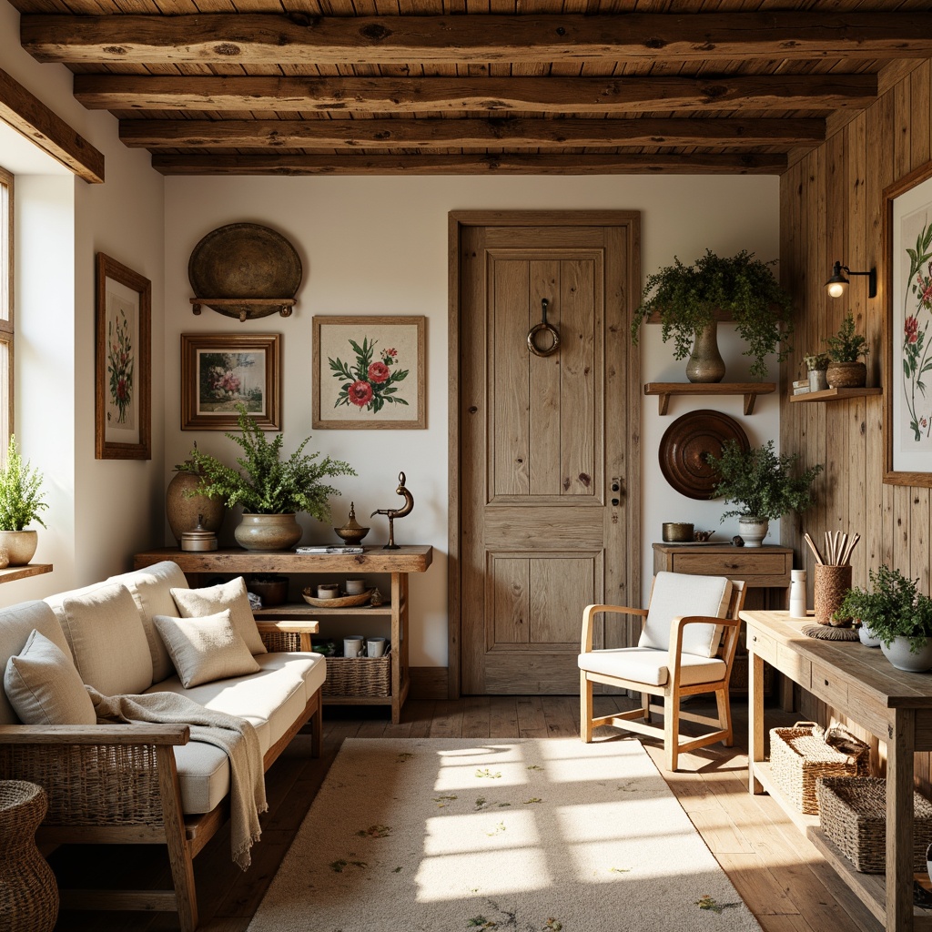 Prompt: Rustic farmhouse, weathered wood accents, vintage metal decorations, earthy color tones, warm beige walls, distressed brick reds, soft mossy greens, creamy whites, aged copper fixtures, natural linen textiles, woven baskets, floral patterns, botanical illustrations, soft afternoon sunlight, warm golden lighting, shallow depth of field, 1/1 composition, realistic textures, ambient occlusion.