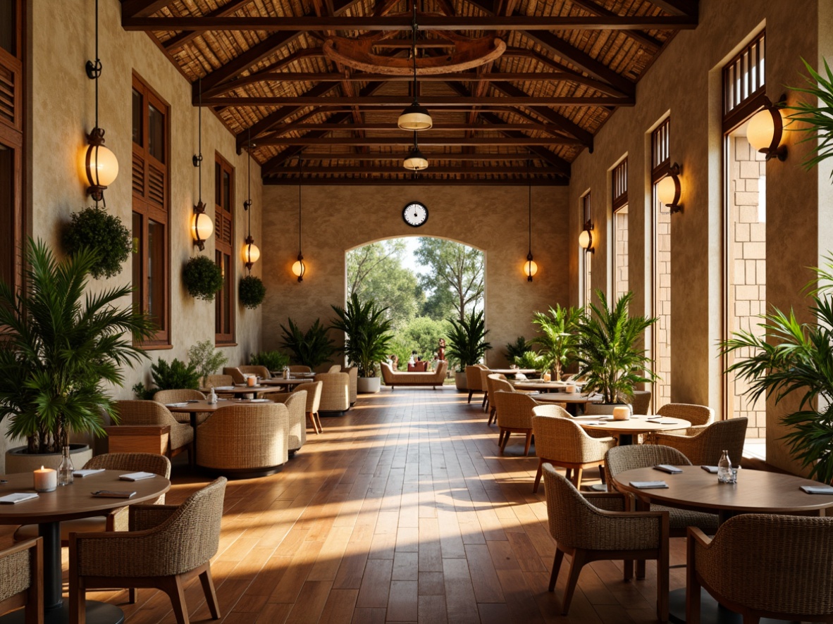 Prompt: Vibrant tropical dining hall, exotic hardwood floors, polished wooden accents, woven rattan furniture, natural fiber textiles, lush greenery walls, living plants installations, warm beige stonework, earthy terracotta pottery, distressed wood shutters, soft golden lighting, ambient lanterns, 1/1 composition, shallow depth of field, realistic reflections.