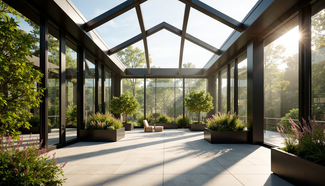 Prompt: Sun-drenched sunroom, futuristic architecture, sleek metal frames, massive skylights, floor-to-ceiling windows, sliding glass doors, minimalist decor, polished concrete floors, lush greenery, vibrant flowers, modern planters, ambient warm lighting, soft shadows, shallow depth of field, 1/1 composition, panoramic view, realistic textures, subtle reflections.