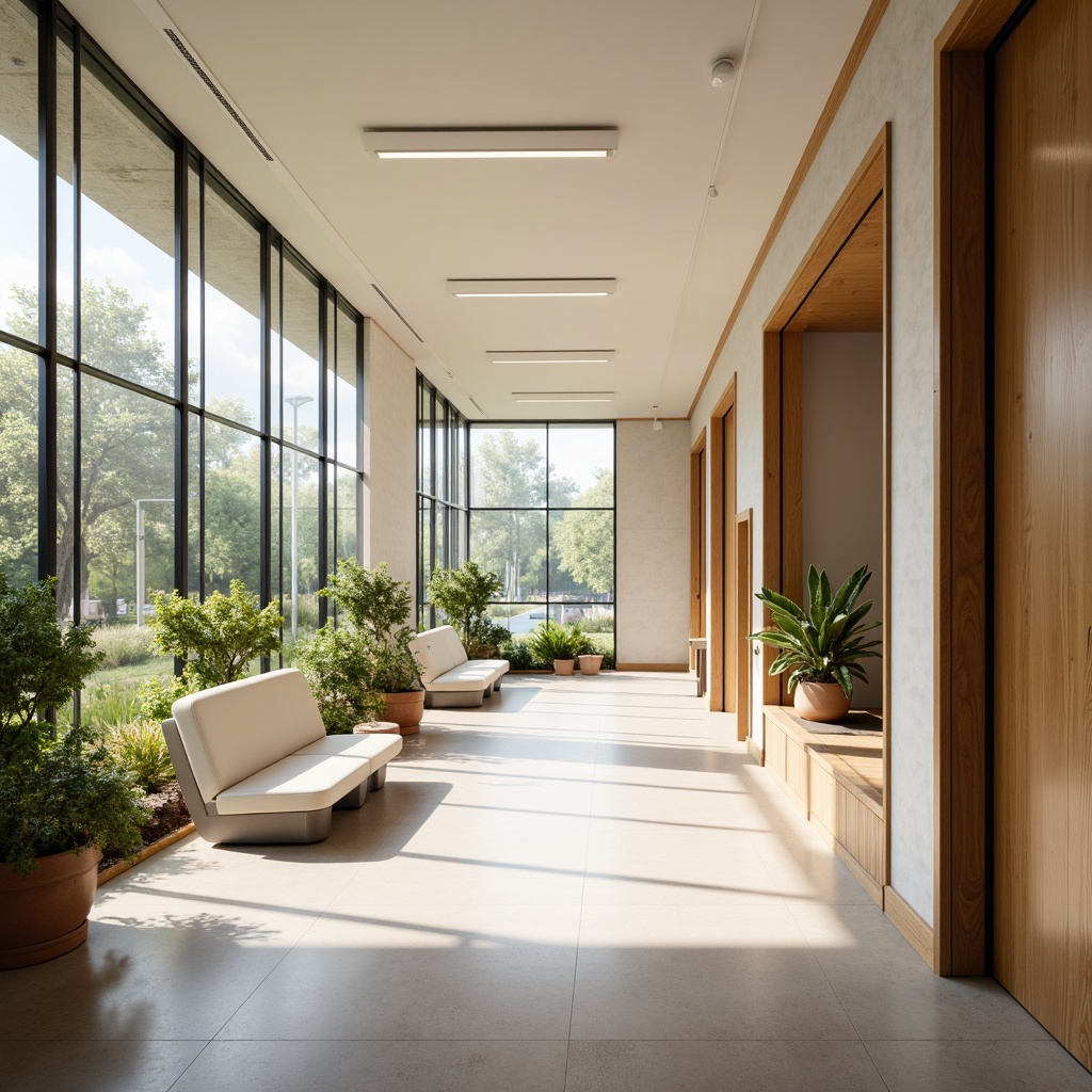 Prompt: Minimalist clinic interior, warm neutral tones, natural light pouring in, glass partitions with sleek metal frames, wooden accents, comfortable waiting areas, green plants, soft ambient lighting, shallow depth of field, 3/4 composition, realistic textures, subtle shadows, modern vernacular architecture, clean lines, minimal ornamentation, functional design, patient-centric layout, calm atmosphere, soothing color palette.