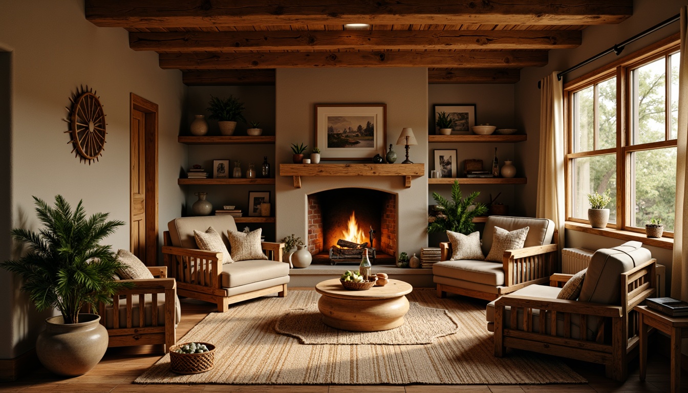 Prompt: Cozy cabin, warm lighting, plush throw blankets, crackling fireplace, rustic wooden furniture, woven baskets, vintage decorations, soft cushions, earthy color palette, natural textiles, woven rugs, comfy armchairs, greenery plants, warm beige walls, soft golden lighting, shallow depth of field, 1/1 composition, realistic textures, ambient occlusion.