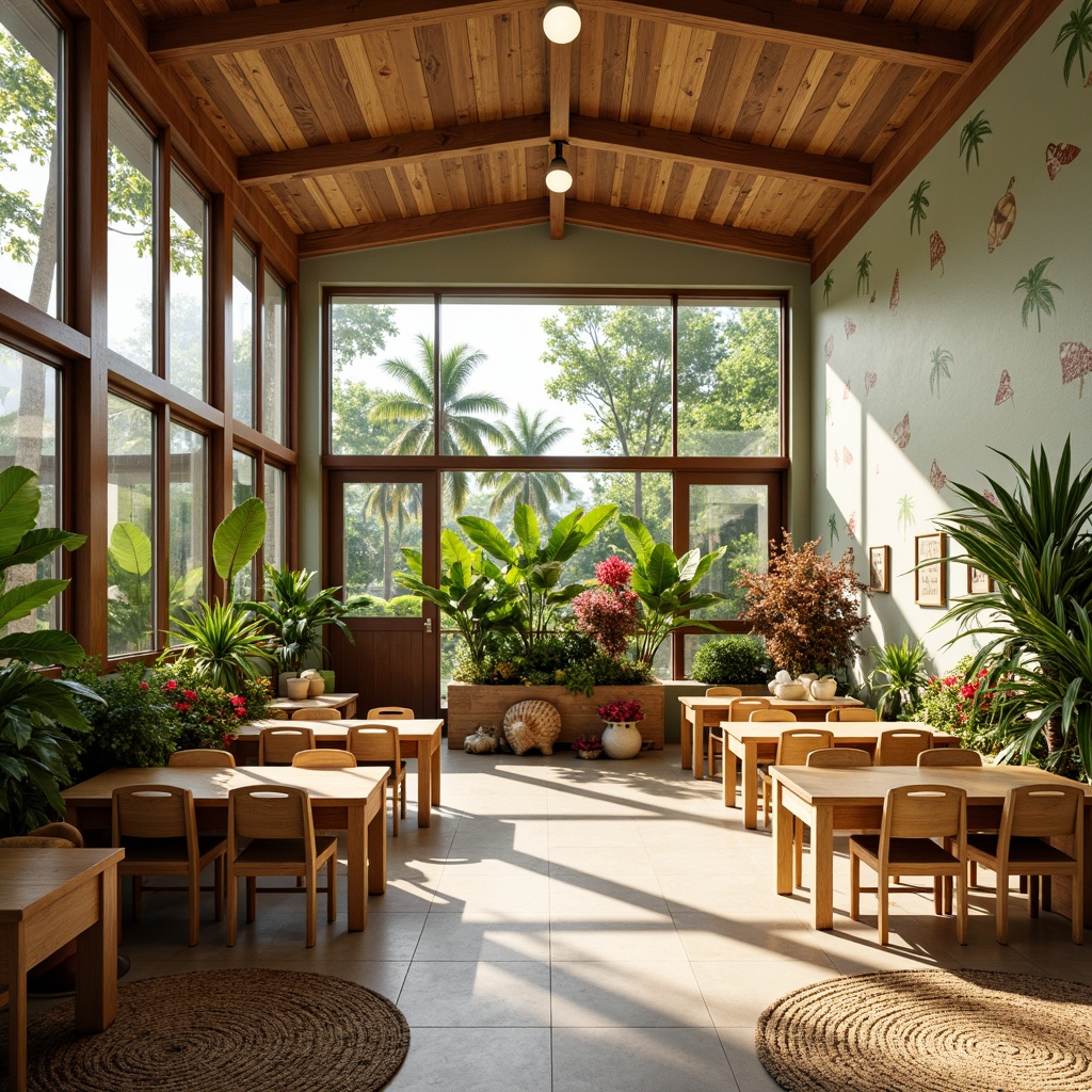 Prompt: Vibrant elementary school classroom, tropical plants, colorful flowers, wooden desks, woven rattan chairs, natural fiber rugs, earthy tone walls, large windows, sliding glass doors, bright sunny day, warm soft lighting, shallow depth of field, 3/4 composition, panoramic view, realistic textures, ambient occlusion, ocean-inspired accents, seashell decorations, palm tree motifs, coral-colored furniture, woven bamboo partitions, eco-friendly materials, sustainable design elements.