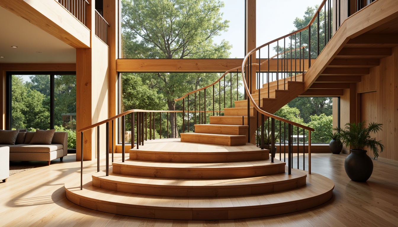 Prompt: Warm wooden handrails, sleek metal balusters, minimalist newel posts, curved staircases, open risers, geometric patterns, natural wood tones, rich walnut accents, subtle chrome details, organic shapes, fluid lines, spacious landings, abundant natural light, large windows, sliding glass doors, lush greenery views, sunny day, soft warm lighting, shallow depth of field, 3/4 composition, realistic textures, ambient occlusion.