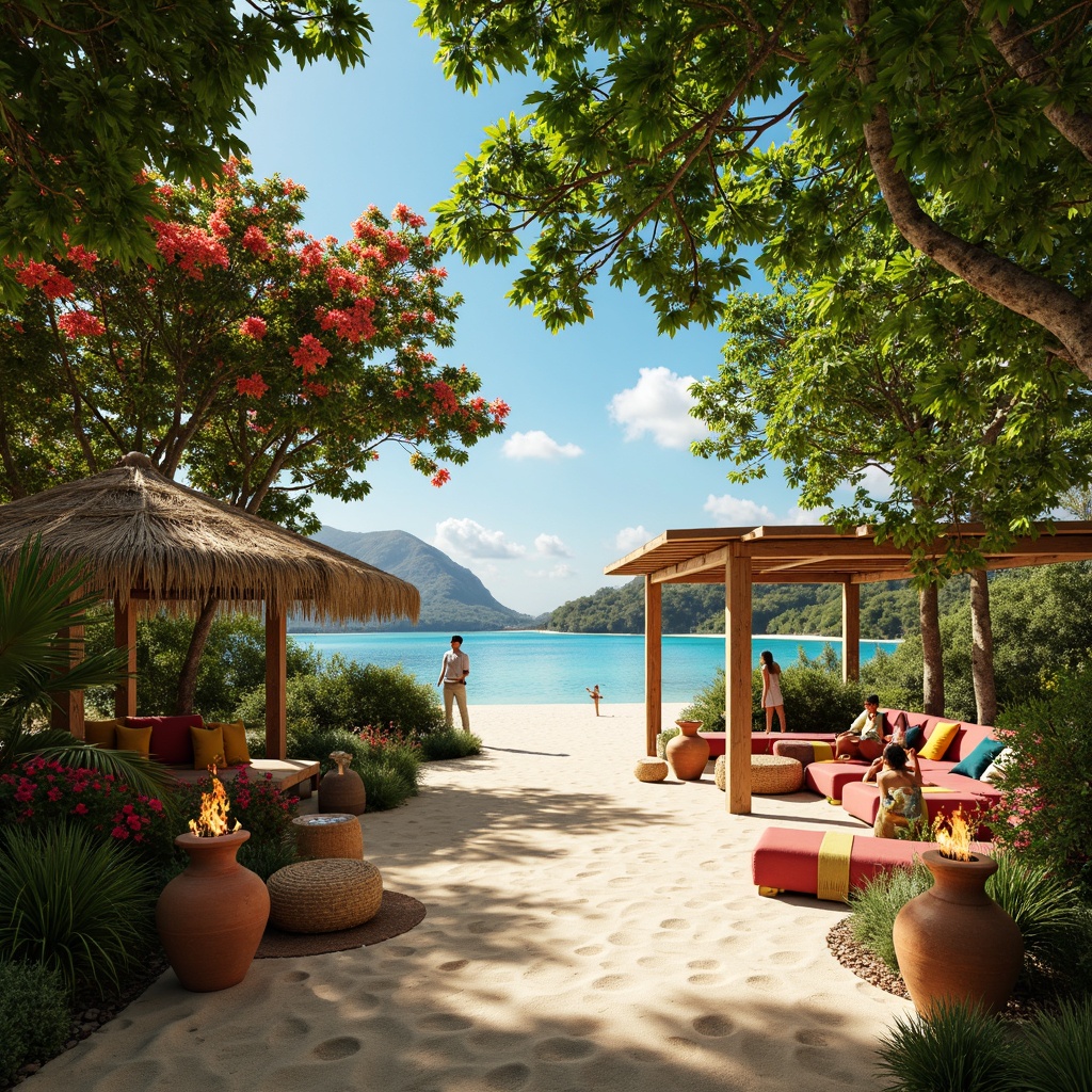 Prompt: Vibrant tropical venue, lush green foliage, exotic flowers, warm sandy beaches, crystal-clear turquoise water, rustic wooden accents, natural textiles, earthy terracotta pots, colorful tiki torches, bright coral-inspired hues, sunny daytime ambiance, soft warm lighting, shallow depth of field, 1/1 composition, realistic textures, ambient occlusion.