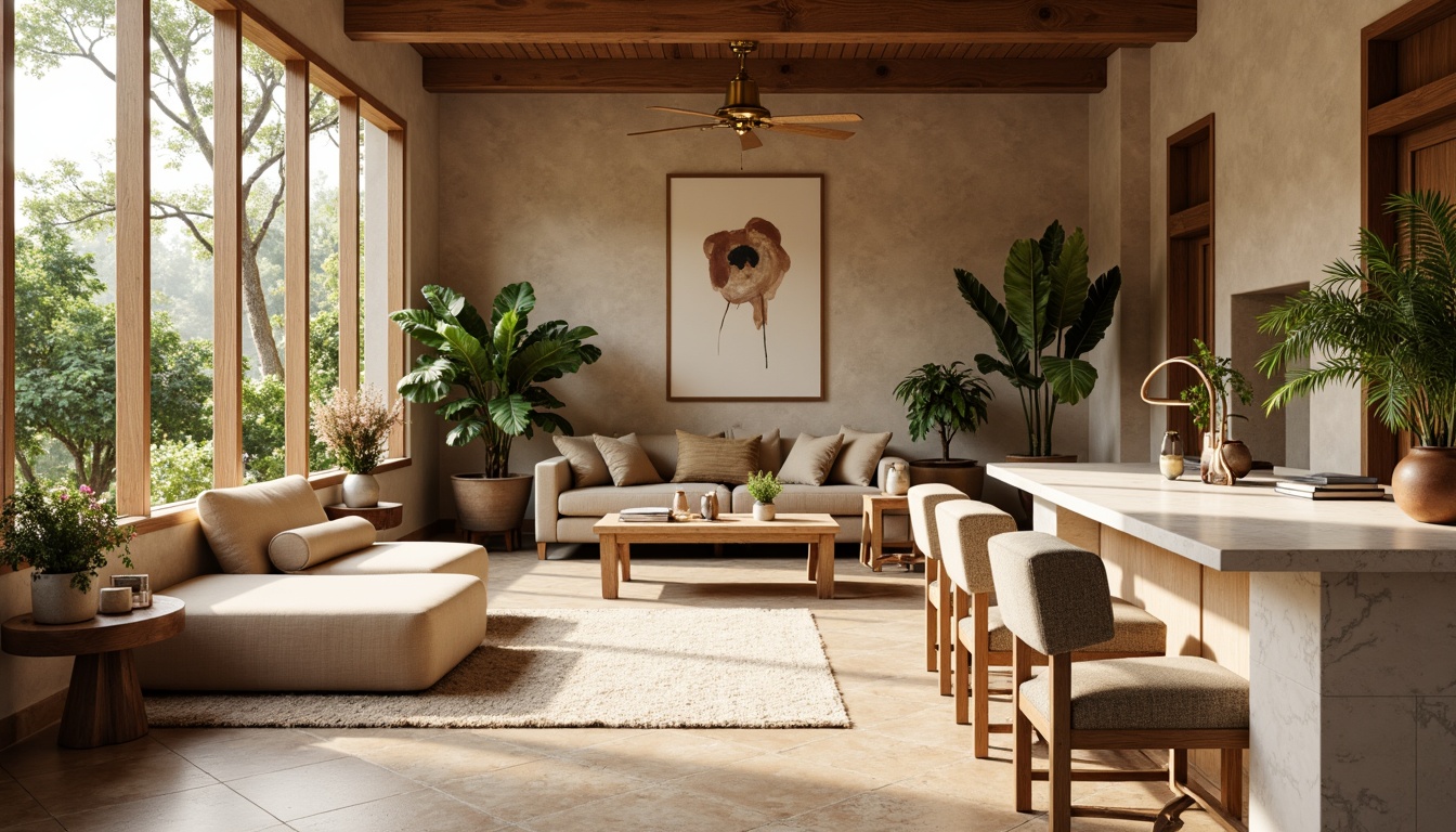 Prompt: Warm beige walls, soft cream accents, rich walnut wood tones, plush velvet furnishings, golden brass fixtures, warm white marble countertops, lush greenery, natural textiles, earthy terracotta pots, cozy reading nooks, oversized windows, abundant natural light, gentle warm lighting, 1/1 composition, shallow depth of field, realistic textures, ambient occlusion.