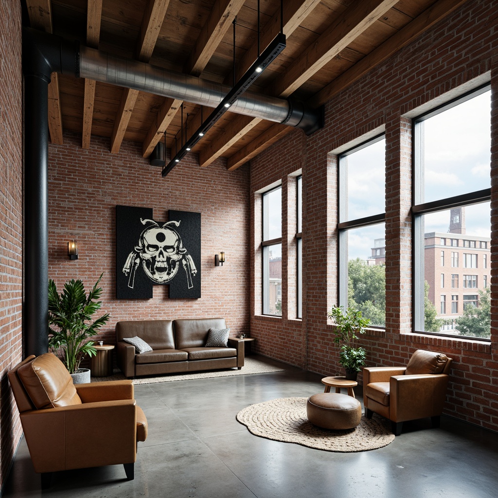 Prompt: Exposed brick walls, metal beams, reclaimed wood accents, industrial-style lighting fixtures, polished concrete floors, urban loft atmosphere, functional decor, distressed leather furniture, vintage machinery parts, exposed ductwork, modern minimalist aesthetic, neutral color palette, natural light pouring in through large windows, soft focus, shallow depth of field, 3/4 composition.