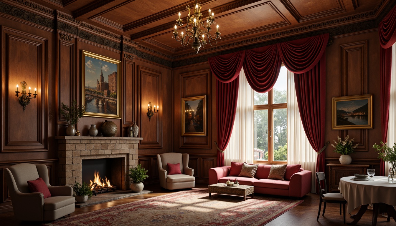 Prompt: Warm traditional interior, rich wood paneling, ornate moldings, soft warm lighting, luxurious velvet drapes, elegant chandeliers, classic oil paintings, antique furniture pieces, distressed stone walls, rustic brick accents, earthy color palette, cozy atmosphere, subtle textures, shallow depth of field, 1/1 composition, realistic rendering, ambient occlusion.