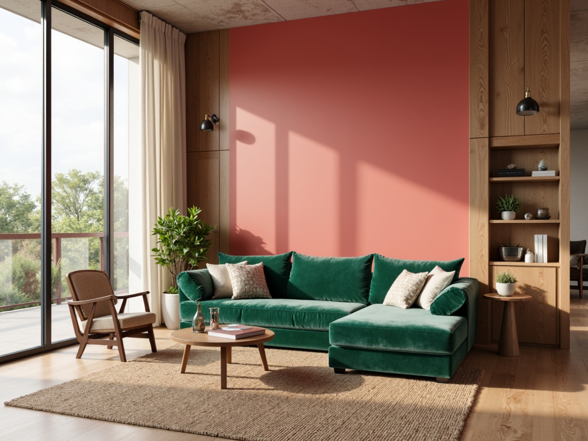 Prompt: Earthy tone living room, warm beige walls, rich walnut wood accents, plush emerald green velvet sofa, natural jute rug, soft creamy white curtains, modern minimalist furniture, industrial metal light fixtures, geometric patterned throw pillows, vibrant coral pink accent wall, large floor-to-ceiling windows, abundant natural light, airy open space, 1/1 composition, realistic textures, ambient occlusion.