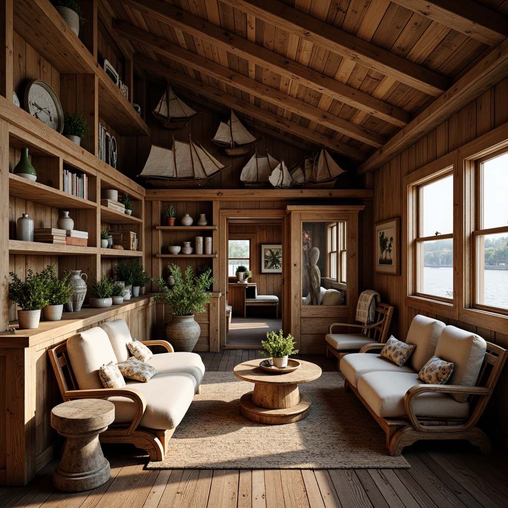 Prompt: Rustic boathouse, wooden dock, nautical decorations, vintage sailing boats, distressed wood textures, earthy color palette, natural materials, wooden accents, handcrafted details, ornate carvings, wooden furniture, plush upholstery, warm lighting, cozy atmosphere, shallow depth of field, 1/2 composition, soft focus, realistic wood grain, ambient occlusion.