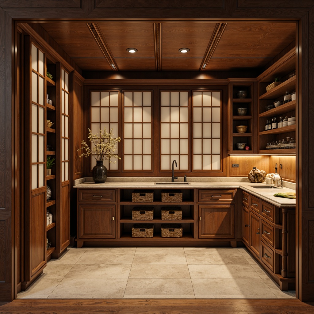 Prompt: Asian-inspired pantry, rich wood tones, sliding shoji doors, ornate metal hardware, minimalist shelving units, wicker baskets, natural stone countertops, warm ambient lighting, soft shadows, 3/4 composition, shallow depth of field, realistic textures, ambient occlusion, traditional Japanese motifs, intricate carvings, subtle color palette, earthy tones, organic shapes, hidden compartments, modern storage solutions.