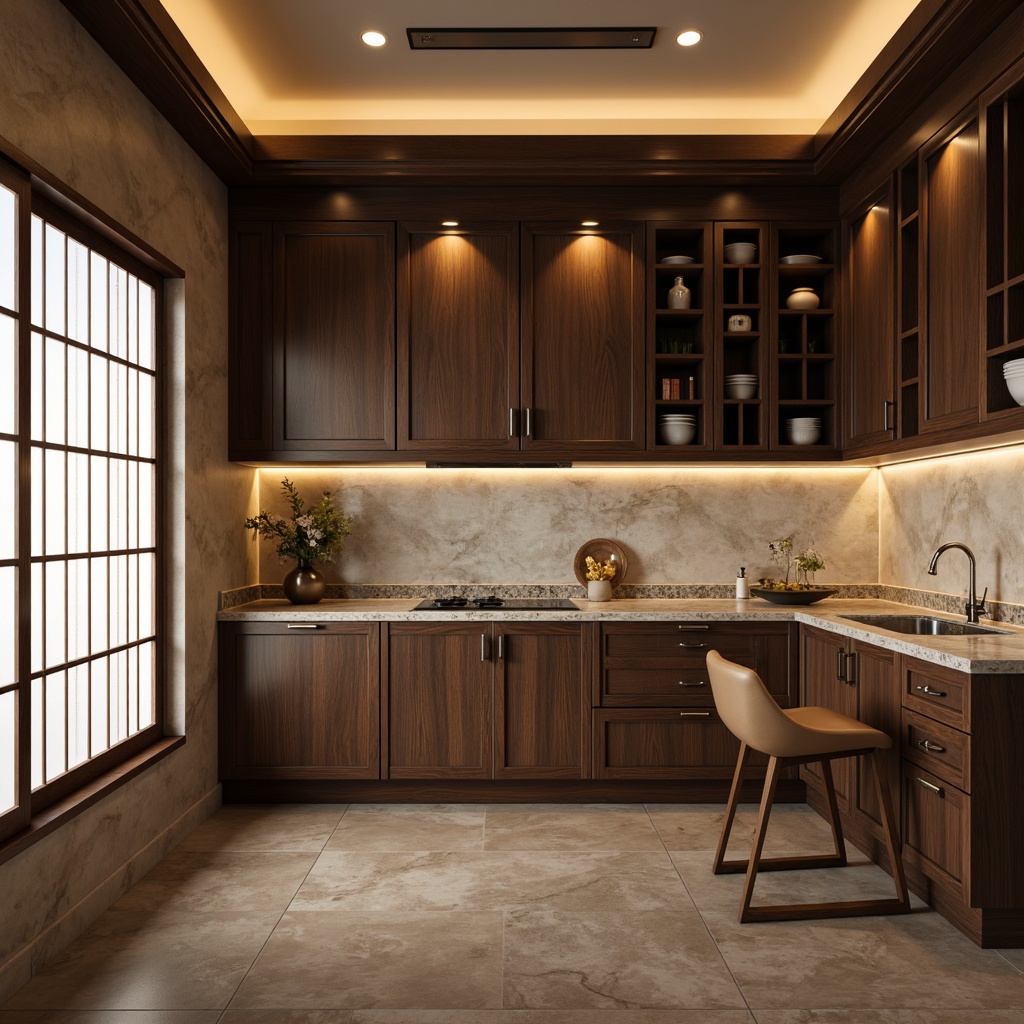 Prompt: \Sleek Asian-inspired kitchen, dark wood cabinetry, warm beige walls, richly textured granite countertops, subtle wave-patterned backsplash, elegant Shoji screens, natural stone flooring, soft warm lighting, 1/1 composition, realistic textures, ambient occlusion.\