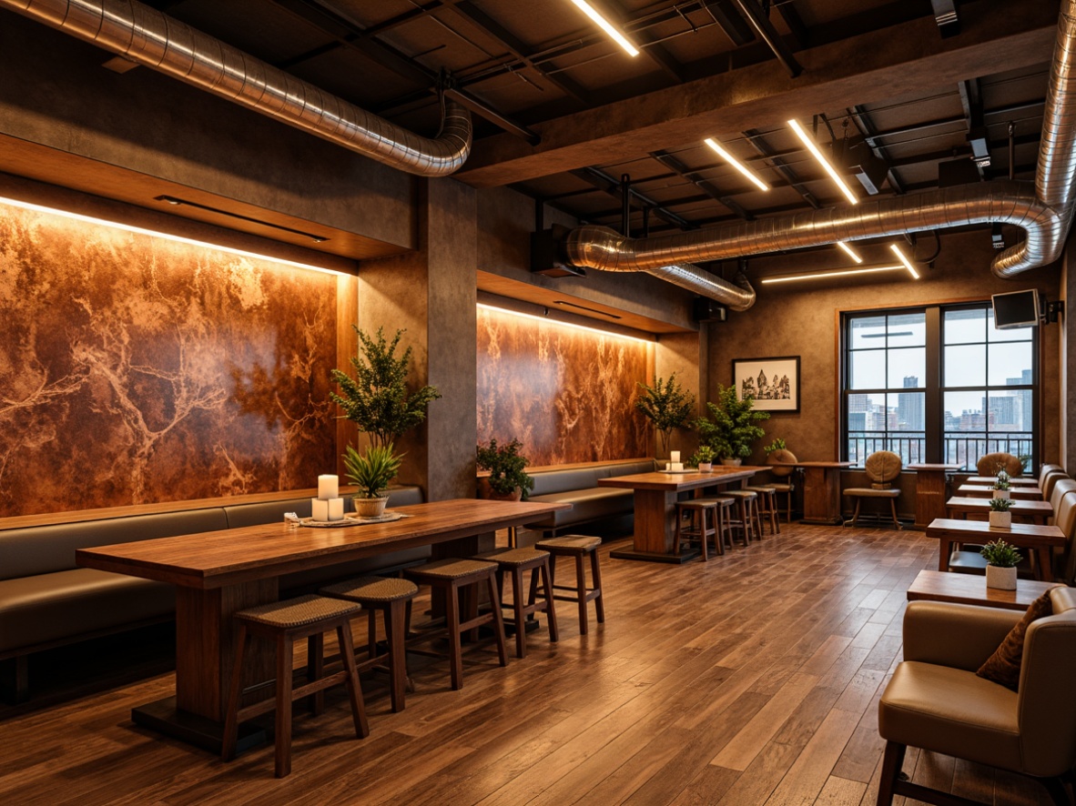 Prompt: Luxurious interior design, textured copper walls, bronze accents, metallic sheen, industrial chic aesthetic, urban loft atmosphere, reclaimed wood floors, exposed ductwork, modern LED lighting, warm golden glow, shallow depth of field, 1/1 composition, soft focus, realistic reflections, ambient occlusion.