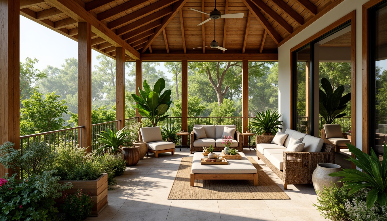 Prompt: Vibrant sunroom, lush greenery, natural stone flooring, wooden accents, floor-to-ceiling windows, sliding glass doors, rattan furniture, wicker planters, tropical plants, flowering blooms, leafy branches, natural textiles, earthy color palette, warm ambient lighting, 1/1 composition, shallow depth of field, realistic plant textures, subtle shading.