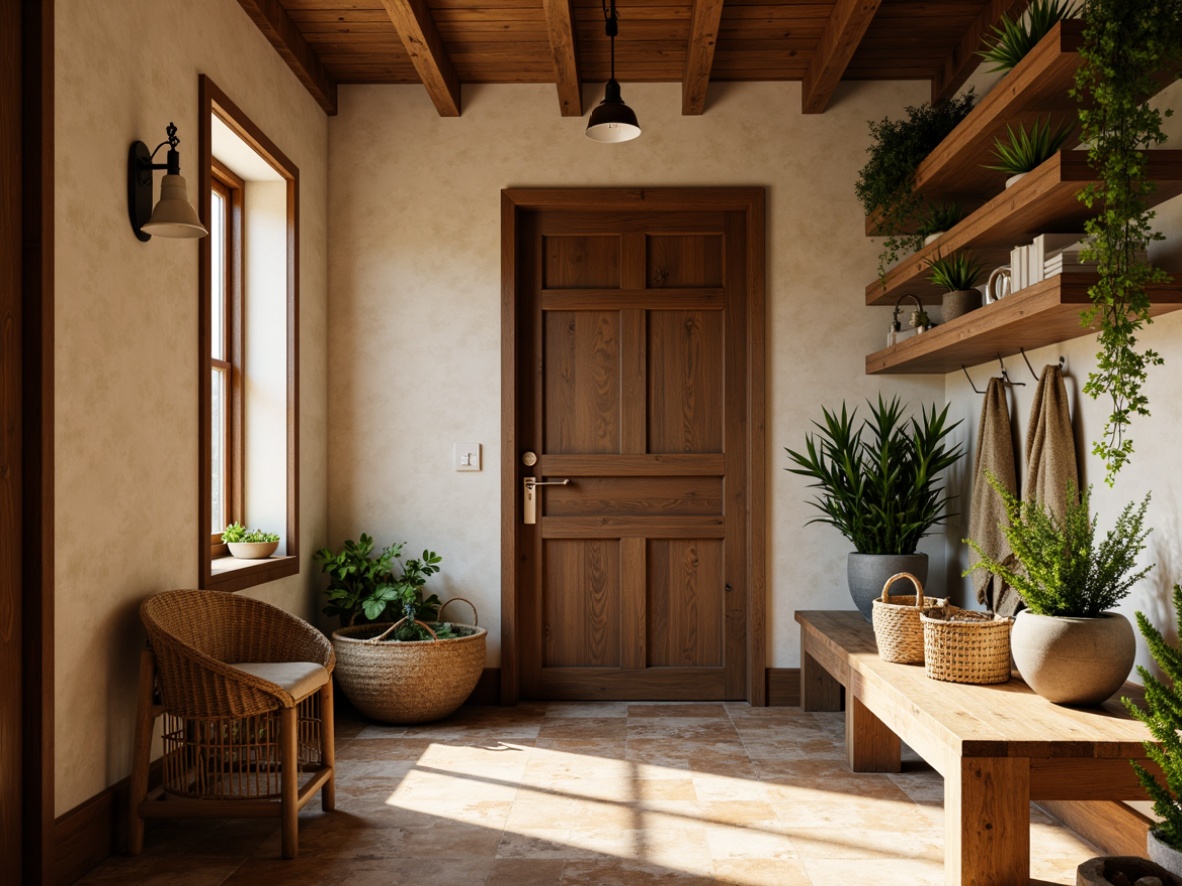 Prompt: Cozy mudroom, rustic wooden accents, warm earthy tones, natural stone flooring, soft beige walls, rich brown furniture, vibrant greenery, woven baskets, metal hooks, functional shelving, industrial lighting fixtures, warm golden lighting, shallow depth of field, 1/2 composition, realistic textures, ambient occlusion.