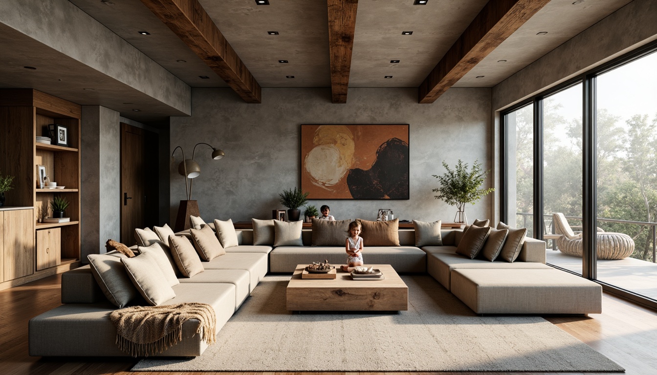 Prompt: Cozy family room, brutalist architecture, industrial chic decor, exposed concrete walls, raw steel beams, reclaimed wood accents, earthy color palette, muted browns, weathered grays, warm beiges, rich taupes, natural textiles, plush throw blankets, comfortable sectionals, minimalist coffee tables, abstract modern art, floor-to-ceiling windows, soft diffused lighting, 2/3 composition, atmospheric mood, realistic shadows, subtle grain textures.