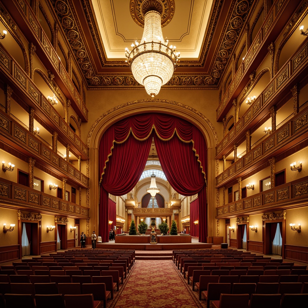 Prompt: Elegant opera house, grandiose chandeliers, opulent red velvet curtains, intricate golden ornaments, ornate balconies, marble floors, lavish furnishings, richly patterned carpets, majestic staircases, soaring ceilings, warm golden lighting, softbox shadows, 1/2 composition, symmetrical framing, realistic textures, ambient occlusion.