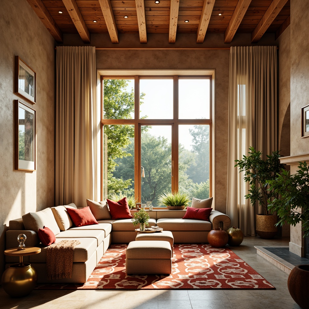 Prompt: Vibrant living room, rich wood accents, plush furniture, bold patterned rugs, warm beige walls, soft cream curtains, metallic gold decor, natural stone flooring, cozy reading nook, floor-to-ceiling windows, abundant sunlight, warm atmospheric lighting, shallow depth of field, 2/3 composition, realistic textures, ambient occlusion.