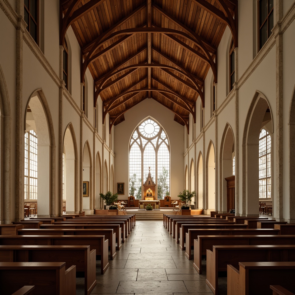 Prompt: Elegant church interior, vaulted ceilings, stained glass windows, wooden pews, ornate altars, subtle lighting, acoustic panels, sound-absorbing materials, diffusion patterns, resonant frequency control, clear vocal clarity, warm instrument tones, balanced reverberation time, 3D audio simulation, precise speaker placement, amplification systems, microphone arrays, minimalist design, natural stone floors, richly textured fabrics, soft warm lighting, serene ambiance, peaceful atmosphere.