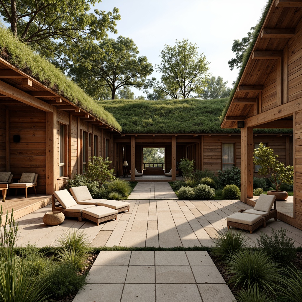 Prompt: Rustic wooden cabins, reclaimed wood accents, natural stone walls, earthy color palette, lush green roofs, living walls, bamboo flooring, woven rattan furniture, organic shapes, minimal ornamentation, soft warm lighting, shallow depth of field, 3/4 composition, panoramic view, realistic textures, ambient occlusion.