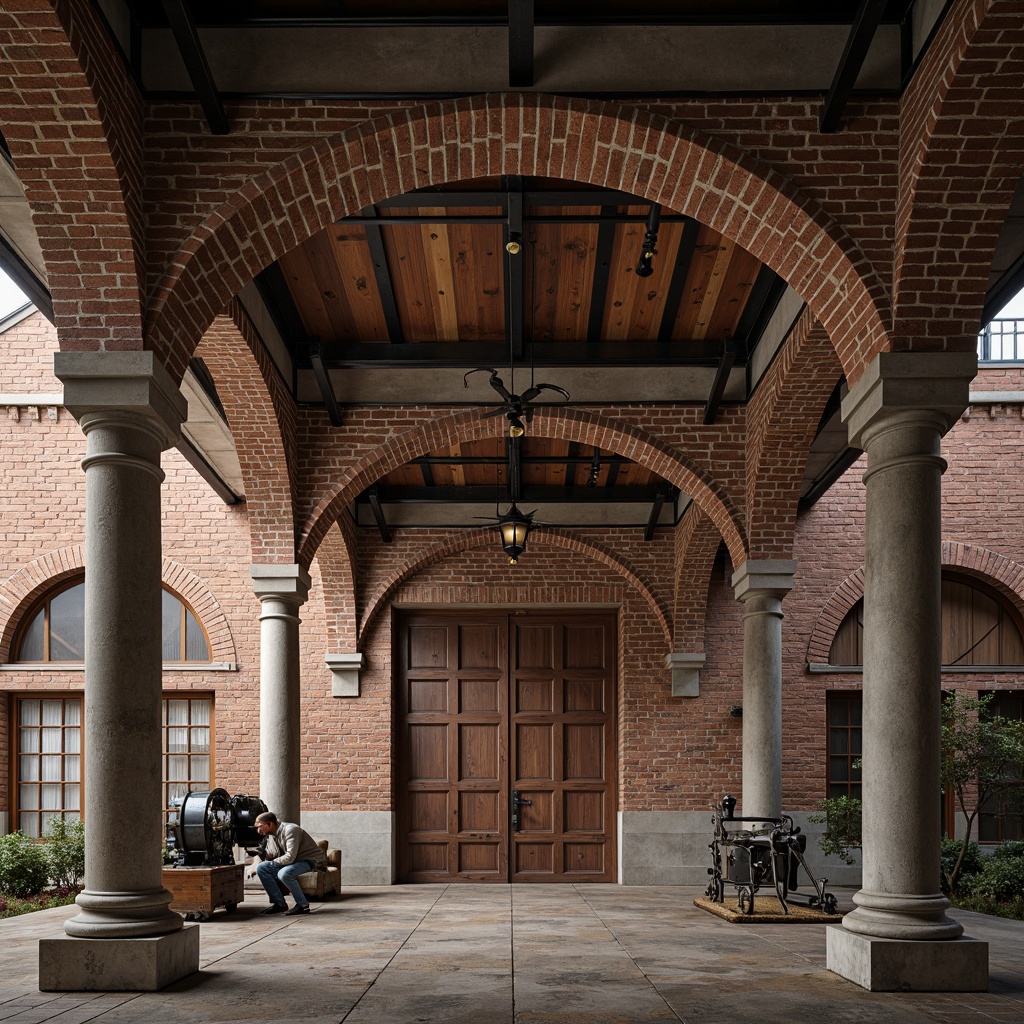 Prompt: Rustic industrial backdrop, exposed brick walls, steel beams, riveted metal columns, ornate cornices, grandiose archways, imposing stone fa\u00e7ades, symmetrical compositions, classical pilasters, carved wooden doors, wrought iron railings, vintage machinery, distressed textures, warm soft lighting, shallow depth of field, 2/3 composition, atmospheric perspective, realistic materials, subtle weathering effects.