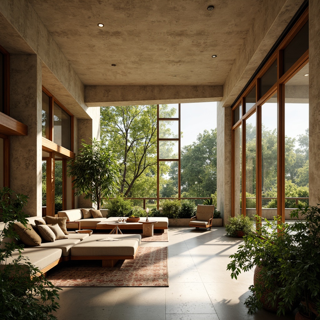 Prompt: Organic mid-century modern home, natural stone walls, textured concrete blocks, wooden accents, large windows, sliding glass doors, open floor plan, minimalist decor, vintage furniture pieces, geometric patterned rugs, abundant greenery, lush indoor plants, warm sunny day, soft diffused lighting, shallow depth of field, 1/1 composition, realistic textures, ambient occlusion.