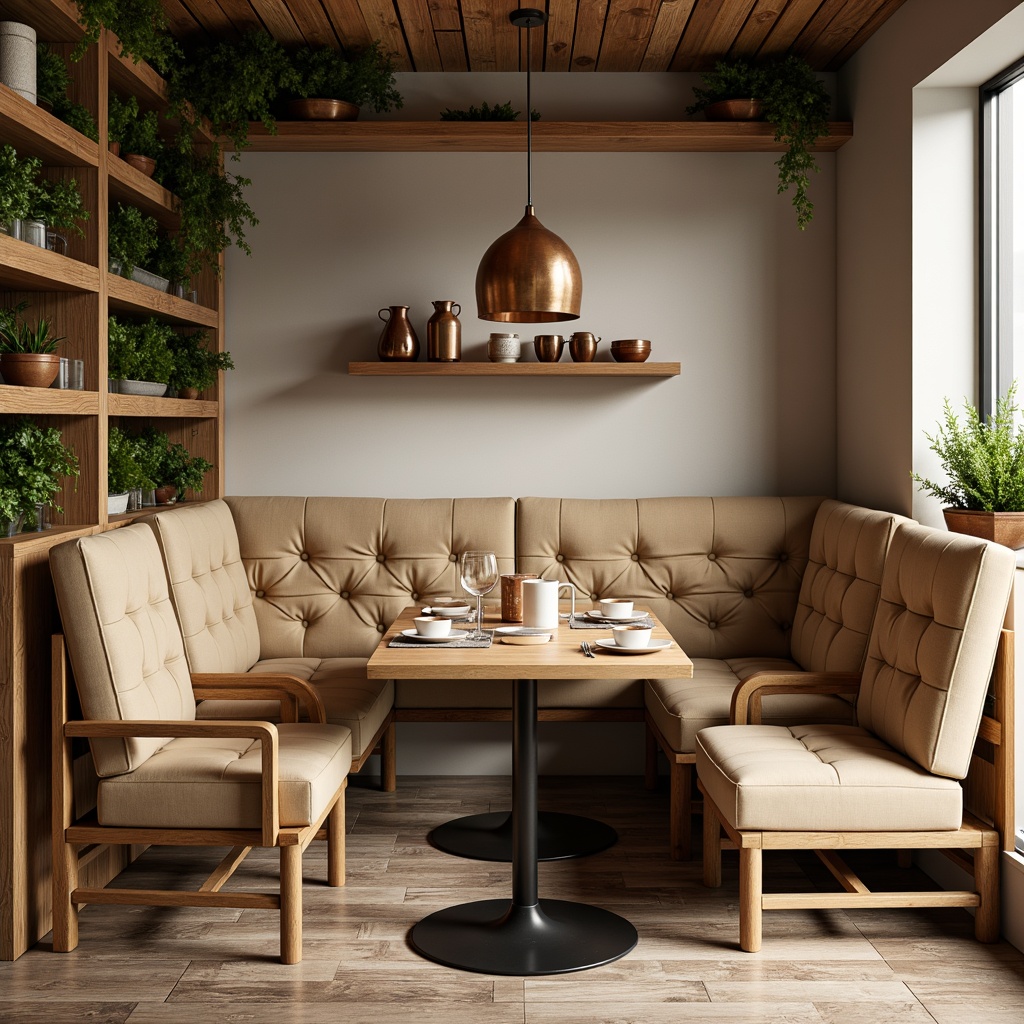 Prompt: Cozy breakfast nook, natural wood accents, warm beige tones, plush velvet cushions, ergonomic chairs, minimalist tables, decorative pendant lights, greenery walls, reclaimed wood shelves, artisanal ceramics, copper kitchenware, soft morning light, shallow depth of field, 1/1 composition, intimate atmosphere, realistic textures, ambient occlusion.