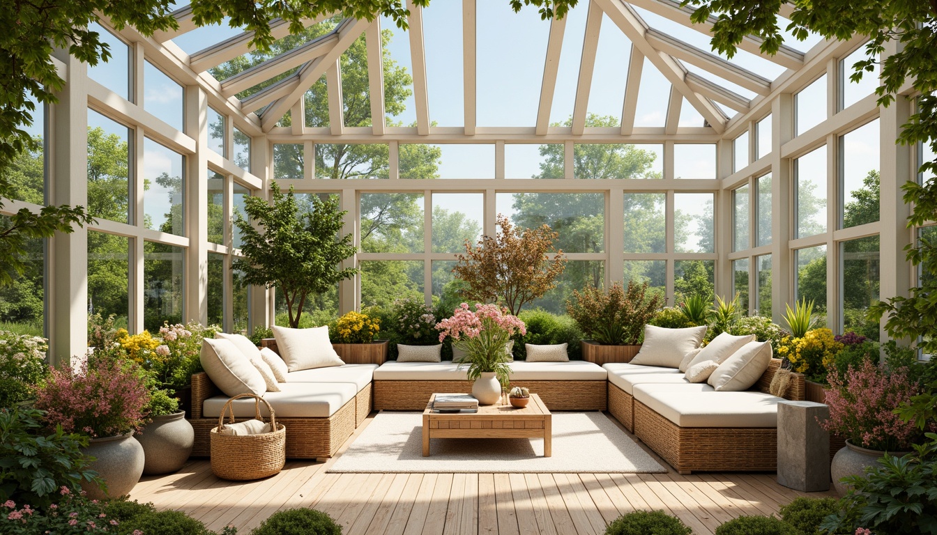 Prompt: Vibrant sunroom, warm natural light, lush greenery, blooming flowers, wooden accents, rattan furniture, soft cushions, pastel colors, creamy whites, sky blues, sunny yellows, earthy tones, nature-inspired hues, calming atmosphere, relaxed ambiance, organic textures, woven baskets, natural fabrics, airy feel, 3/4 composition, shallow depth of field, panoramic view, realistic rendering.