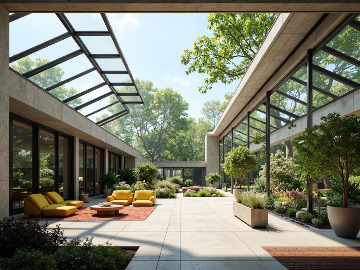 Prompt: Sun-drenched sunroom, futuristic architecture, angular glass walls, minimalist interior design, sleek metal frames, vast open space, sliding glass doors, clerestory windows, skylights, solar tubes, LED lighting systems, polished concrete floors, low-maintenance plants, sustainable materials, eco-friendly furniture, vibrant colorful accents, geometric patterns, 3/4 composition, panoramic view, soft warm lighting, shallow depth of field.