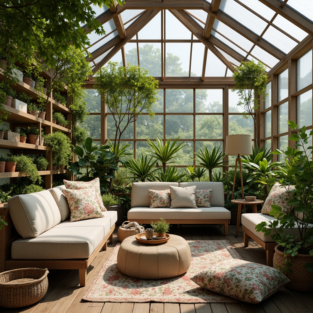 Prompt: Cozy greenhouse interior, lush greenery, natural fabrics, soft cotton upholstery, plush throw pillows, warm woolen blankets, vibrant floral patterns, subtle leaf-inspired motifs, calming pastel colors, gentle lighting, rustic wooden accents, earthy terracotta pots, thriving potted plants, soothing nature sounds, serene ambiance, comfortable seating areas, functional shelving units, ambient temperature control, humidification systems, natural ventilation, warm sunny days, soft diffused light, 1/1 composition, realistic textures.