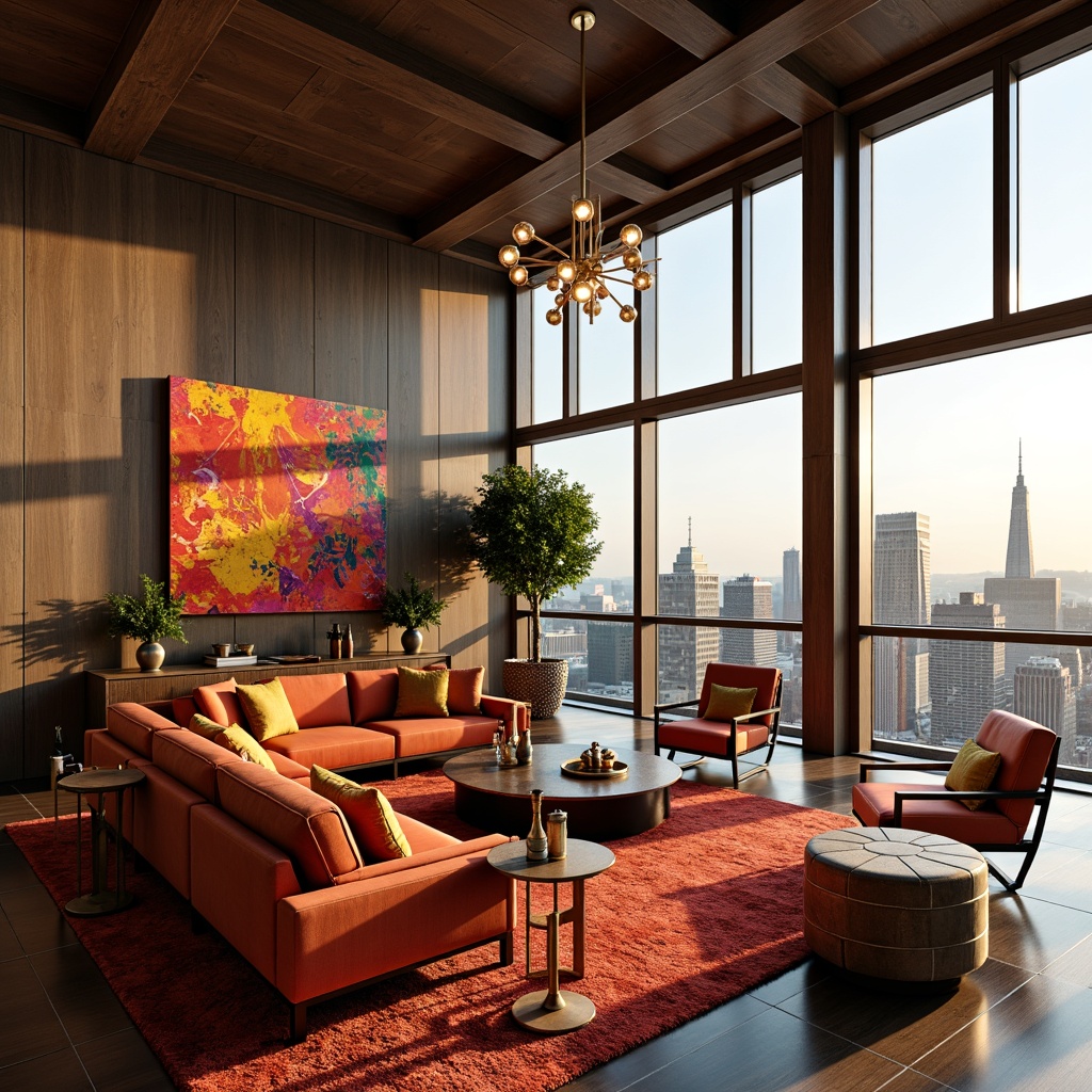 Prompt: Luxurious penthouse interior, vibrant expressionism style, bold color palette, contrasting textures, metallic accents, rich wood tones, statement furniture pieces, abstract artwork, floor-to-ceiling windows, breathtaking cityscape views, warm golden lighting, cinematic atmosphere, shallow depth of field, 1/2 composition, realistic renderings, ambient occlusion.