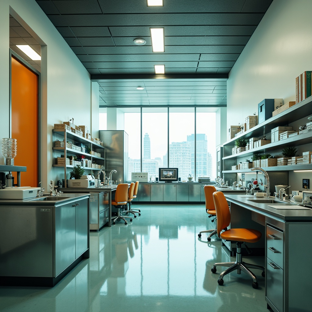 Prompt: Modern research laboratory, sleek metal equipment, minimalist decor, calming blue-green color scheme, neutral beige tones, pops of vibrant orange accents, high-gloss finishes, polished chrome surfaces, subtle texture contrasts, ample natural light, soft diffused lighting, 1/1 composition, realistic reflections, ambient occlusion.