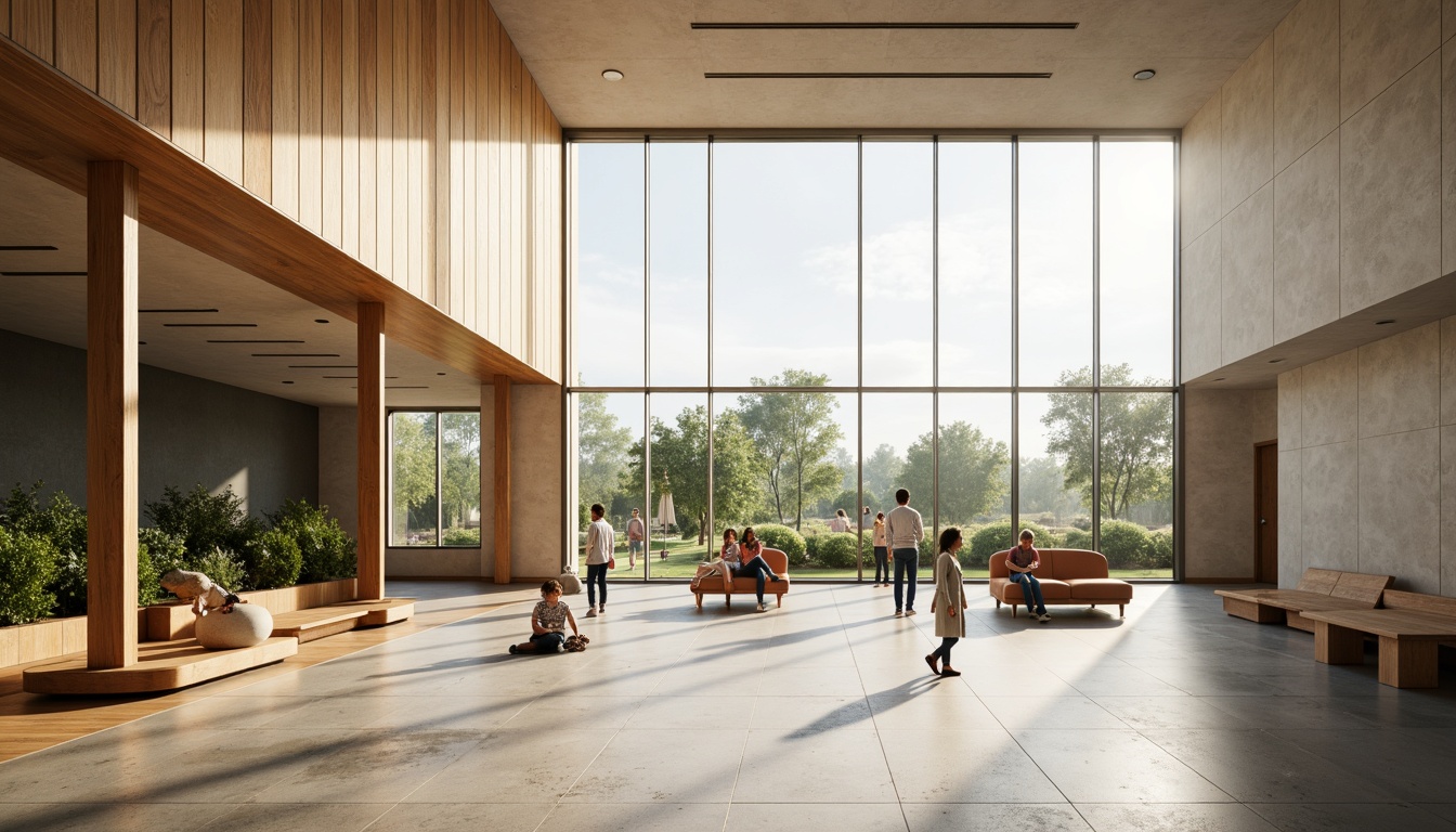 Prompt: Simple educational facility, natural light flooding interior, minimalistic design, clean lines, monochromatic color scheme, wooden accents, polished concrete floors, floor-to-ceiling windows, greenery views, subtle texture details, soft warm lighting, shallow depth of field, 1/1 composition, realistic rendering, ambient occlusion, serene atmosphere.