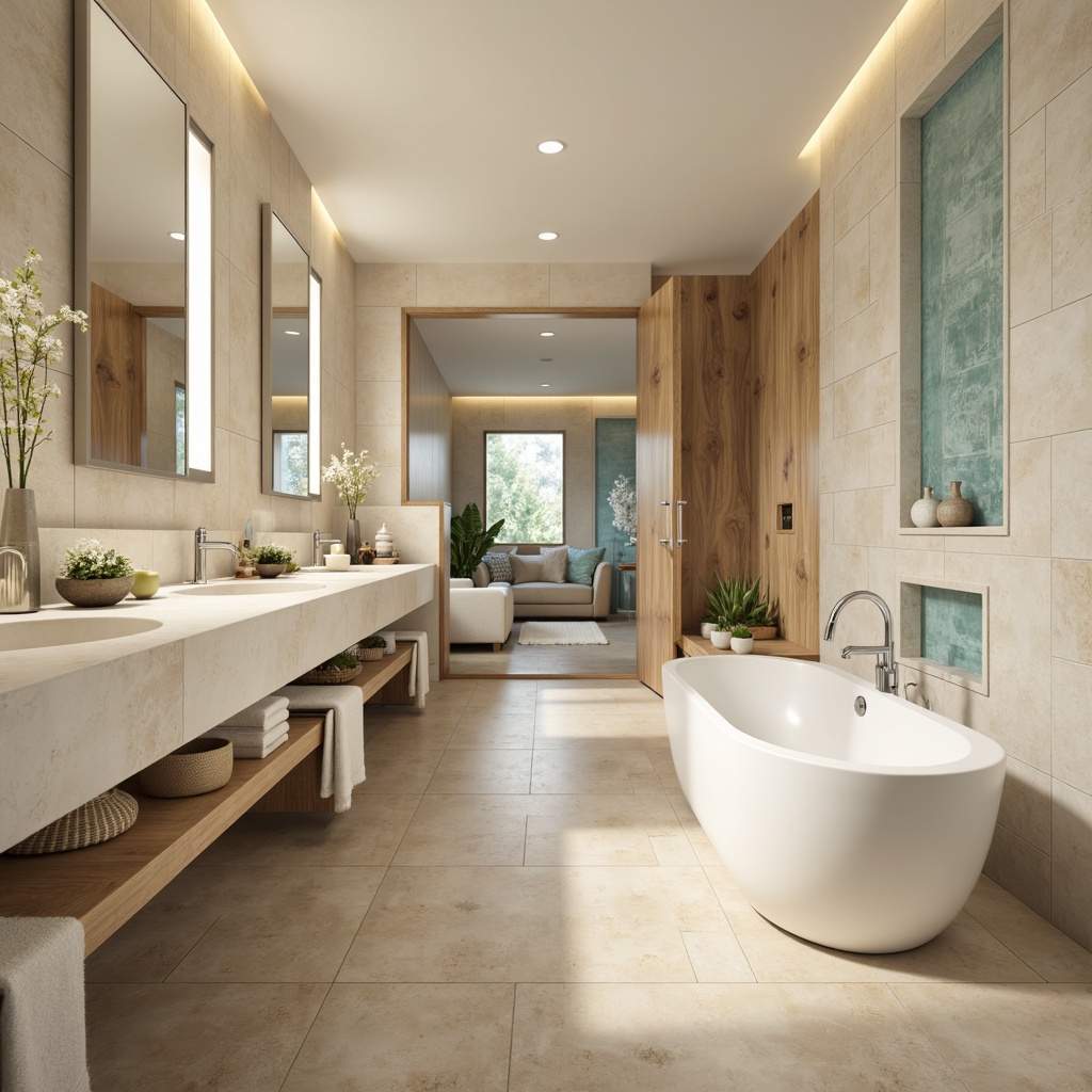 Prompt: Calming bathroom ambiance, soft cream walls, warm beige flooring, elegant white marble countertops, polished chrome fixtures, serene aqua blue accents, natural stone tile backsplashes, spa-like atmosphere, relaxing ambiance, gentle LED lighting, shallow depth of field, 1/1 composition, realistic textures, ambient occlusion.