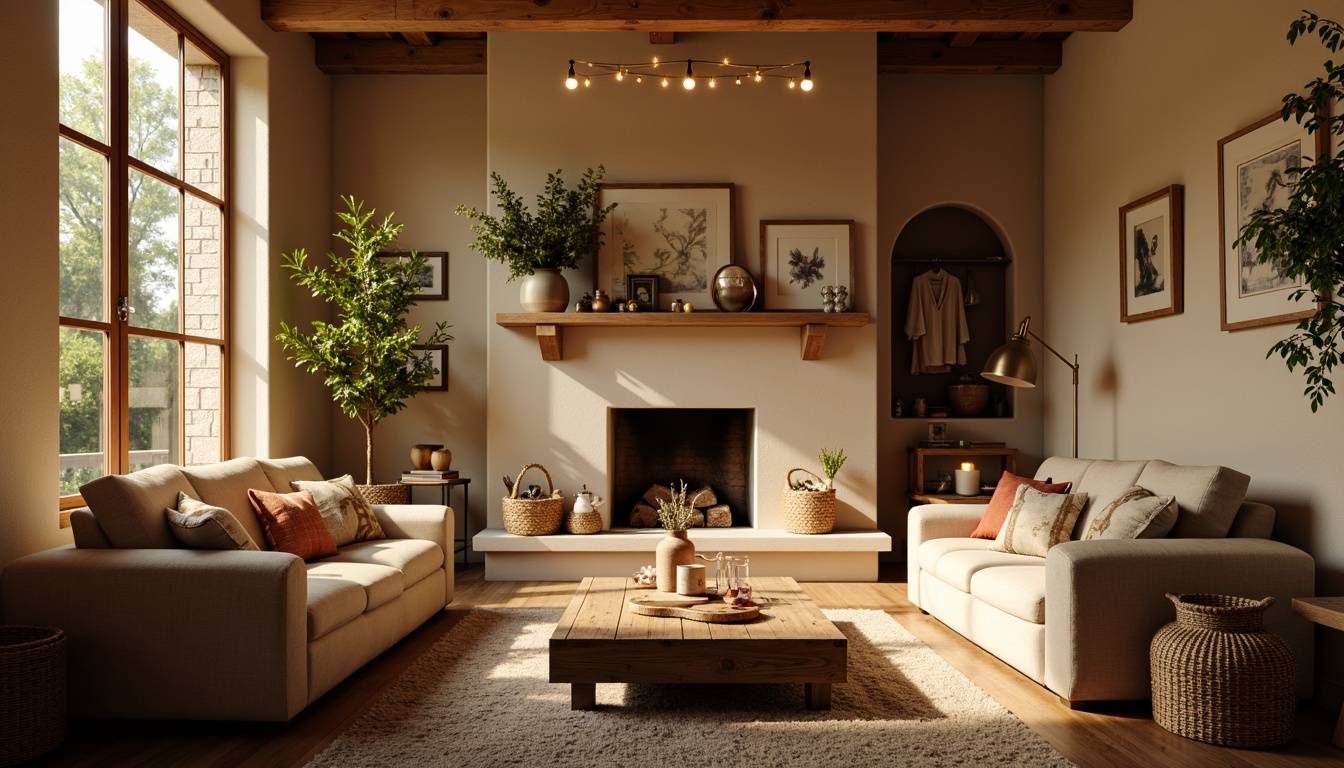 Prompt: Cozy living room, warm beige walls, plush sofas, rustic wooden tables, soft cushions, floor lamps, table lamps, string lights, candles, dimmable lighting, warm color temperatures, relaxing atmosphere, natural textures, woven baskets, vintage decorations, earthy tones, morning sunlight, gentle shadows, 1/2 composition, shallow depth of field, realistic rendering.