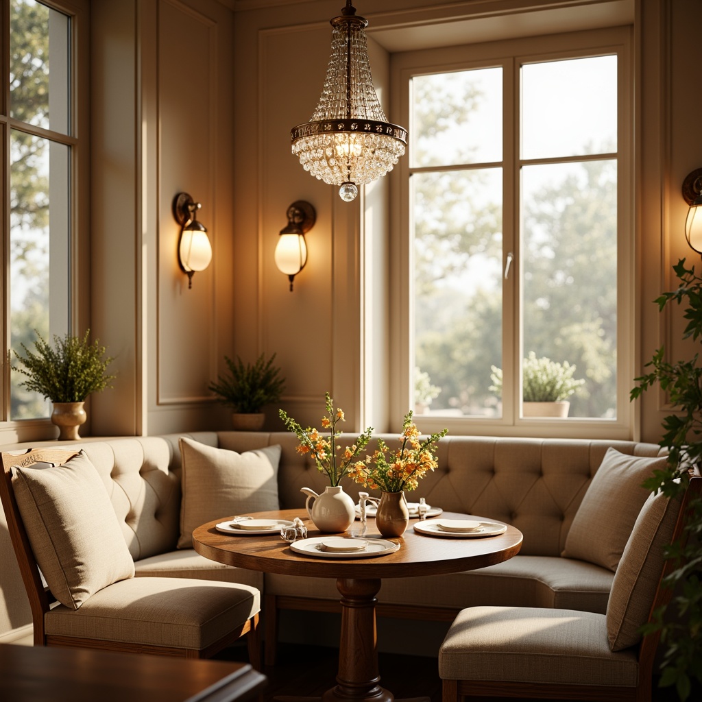 Prompt: Cozy breakfast nook, warm wooden table, soft cushioned chairs, delicate porcelain vases, fresh flower arrangements, warm beige walls, large windows, natural light pouring in, elegant crystal chandelier, modern pendant lights, minimalist track lighting, frosted glass shades, subtle chrome accents, soft warm glow, morning sunlight, shallow depth of field, 1/1 composition, realistic textures, ambient occlusion.