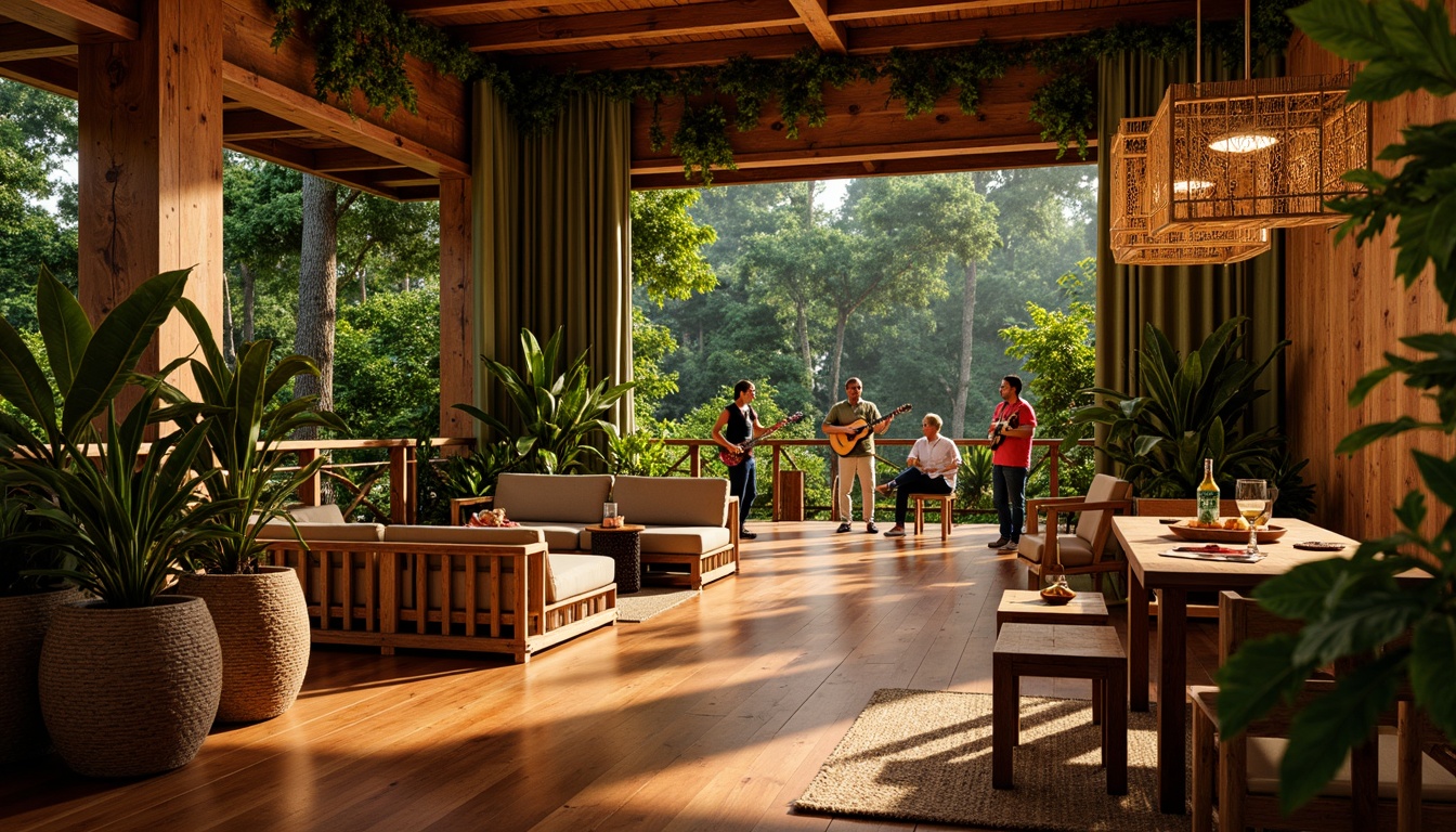 Prompt: Polished wooden floors, exotic hardwood species, tropical island vibe, live music performances, vibrant color schemes, lush greenery walls, natural fiber rugs, woven bamboo textures, rattan furniture accents, warm ambient lighting, soft focus photography, shallow depth of field, 1/2 composition, realistic reflections, detailed wood grain, atmospheric misting effects.