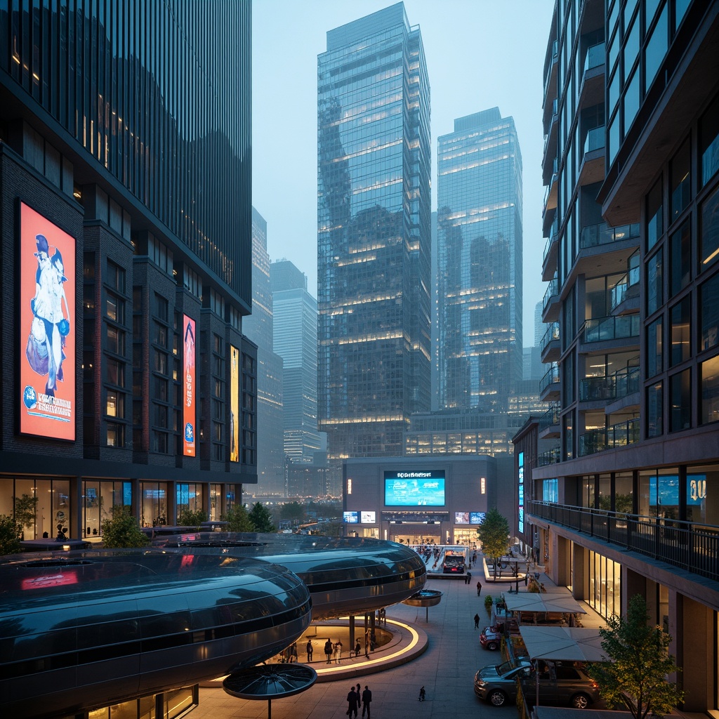 Prompt: Futuristic cityscape, neon-lit skyscrapers, metallic towers, glassy fa\u00e7ades, iridescent accents, holographic advertisements, levitating transportation pods, sleek minimalist interiors, polished chrome surfaces, matte black details, translucent canopies, glowing LED lights, misty atmospheric effects, shallow depth of field, 1/2 composition, cinematic view, realistic reflections, ambient occlusion.