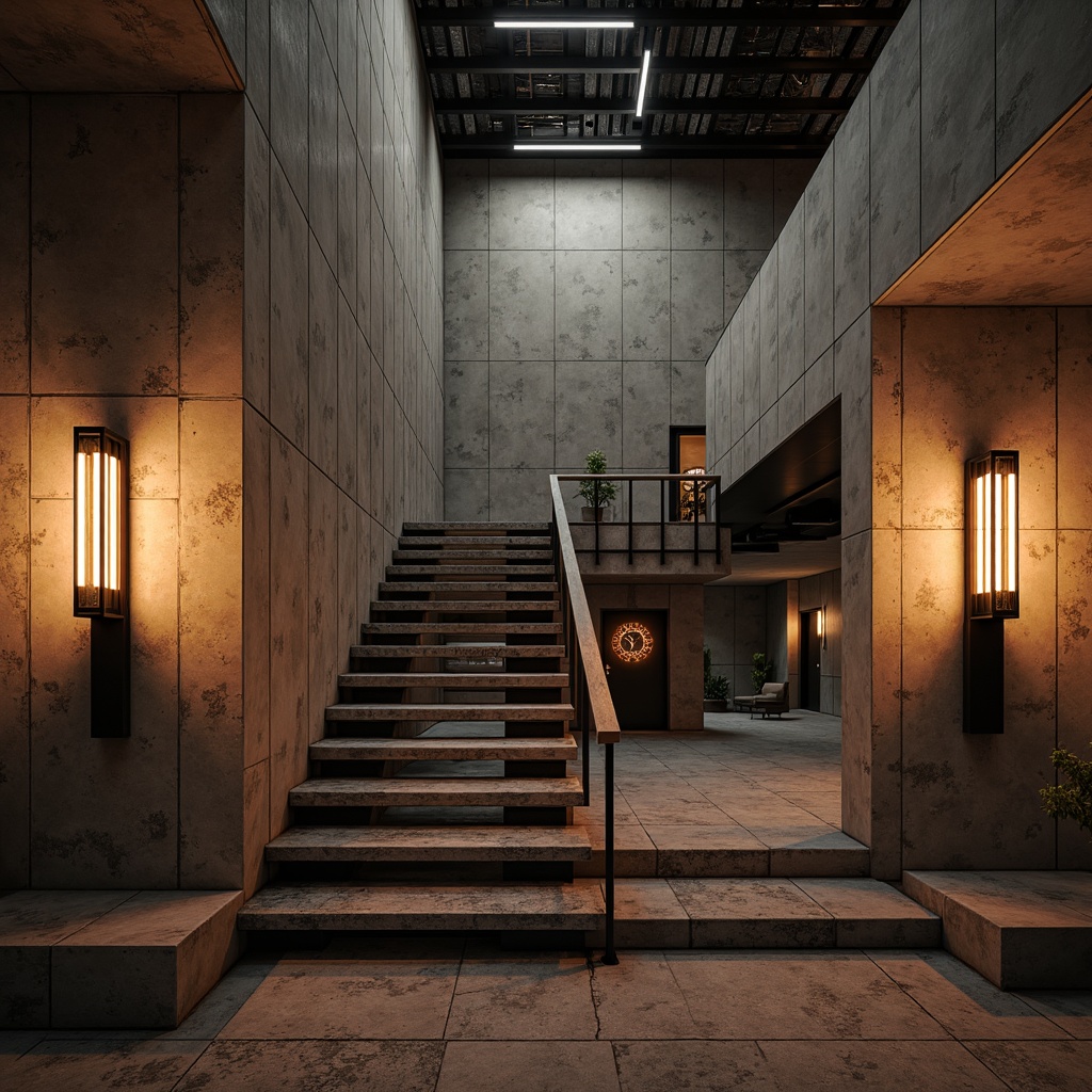 Prompt: Exposed concrete walls, industrial metal beams, rugged stone floors, dramatic staircase, minimalist decor, brutalist architecture, innovative lighting fixtures, bold geometric shapes, neon-colored tubes, futuristic sconces, metallic mesh shades, warm ambient glow, high-contrast shadows, 1/2 composition, low-angle shot, cinematic mood, realistic materials, advanced lighting simulation.