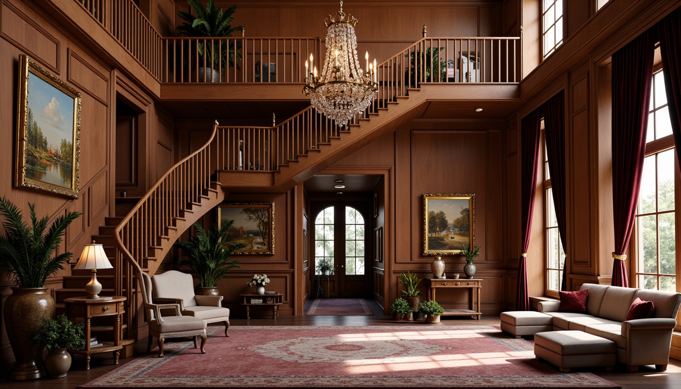 Prompt: Luxurious mansion, grand foyer, sweeping staircase, ornate chandelier, rich wood paneling, velvet drapes, antique furniture, intricately carved wooden legs, tufted upholstery, golden accents, crystal vases, lavish curtains, opulent rugs, classic oil paintings, warm candlelight, soft focus, 1/2 composition, realistic textures, ambient occlusion.