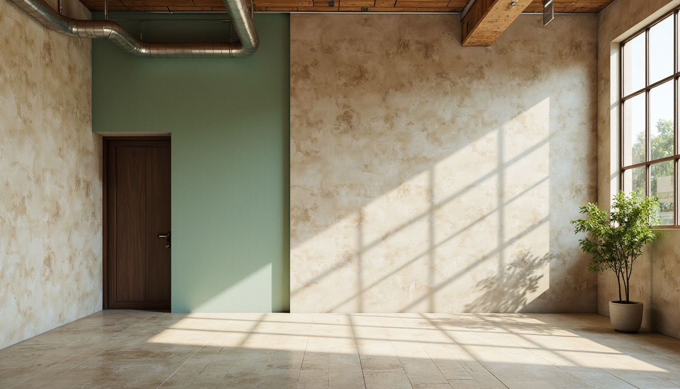 Prompt: Richly textured walls, earthy tone, warm beige, soft sage, muted turquoise, creamy whites, industrial metals, exposed ductwork, modern minimalist aesthetic, natural light, airy atmosphere, shallow depth of field, 1/1 composition, subtle gradient mapping, realistic material textures, ambient occlusion.