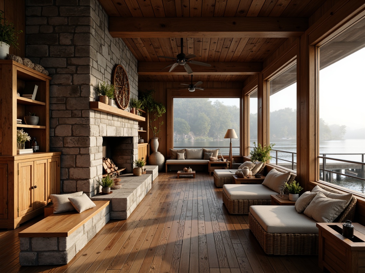 Prompt: Rustic boathouse, earthy tones, natural materials, wooden accents, stone fireplace, nautical decorations, vintage fishing nets, distressed wood furniture, woven textiles, linen upholstery, soft warm lighting, cozy atmosphere, waterfront views, lakehouse setting, misty morning, shallow depth of field, 1/1 composition, realistic textures, ambient occlusion.