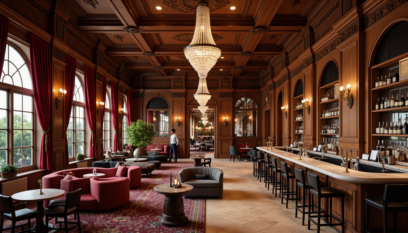 Prompt: Elegant bar lounge, rich wood accents, ornate moldings, velvet drapes, crystal chandeliers, luxurious marble countertops, antique bronze fixtures, lavish furnishings, intricate carvings, ornamental mirrors, classic columns, grand archways, soft warm lighting, shallow depth of field, 1/1 composition, realistic textures, ambient occlusion.