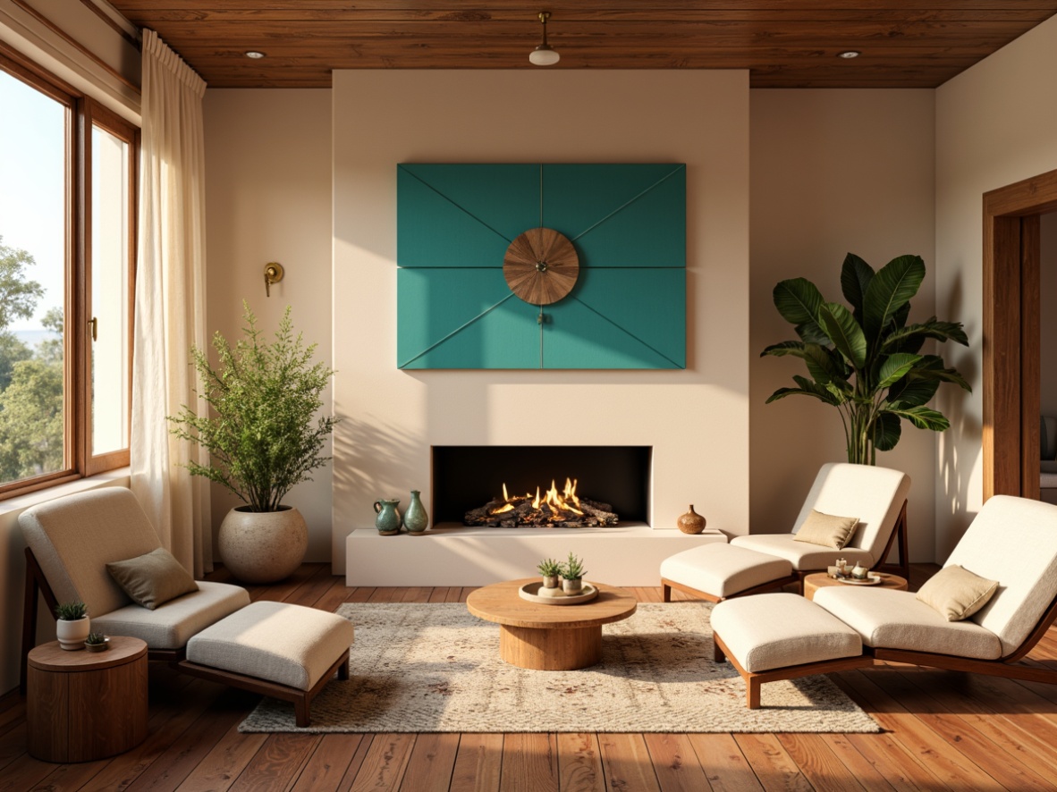 Prompt: Warm beige walls, rich walnut wood furniture, bold graphic patterns, vibrant turquoise accents, earthy terracotta floors, natural linen upholstery, sleek brass hardware, organic shapes, minimalist decor, abundant natural light, soft warm glow, 1/1 composition, realistic textures, ambient occlusion.