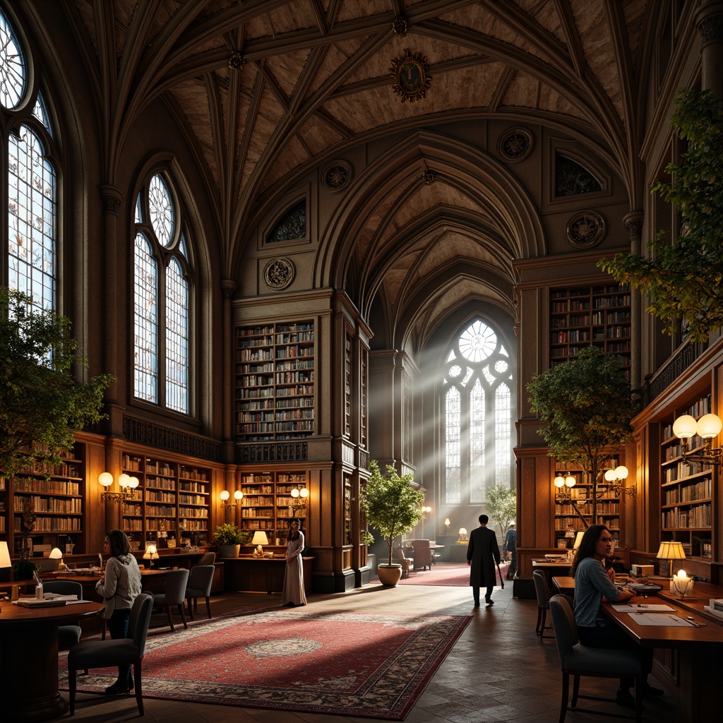 Prompt: Grandiose Gothic library, vaulted ceilings, stained glass windows, ornate stone carvings, intricate wood paneling, rich leather-bound tomes, warm golden lighting, soft candlelight, dramatic uplighting, accentuated archways, mysterious shadows, atmospheric fog effects, high contrast ratio, cinematic color grading, 2.35