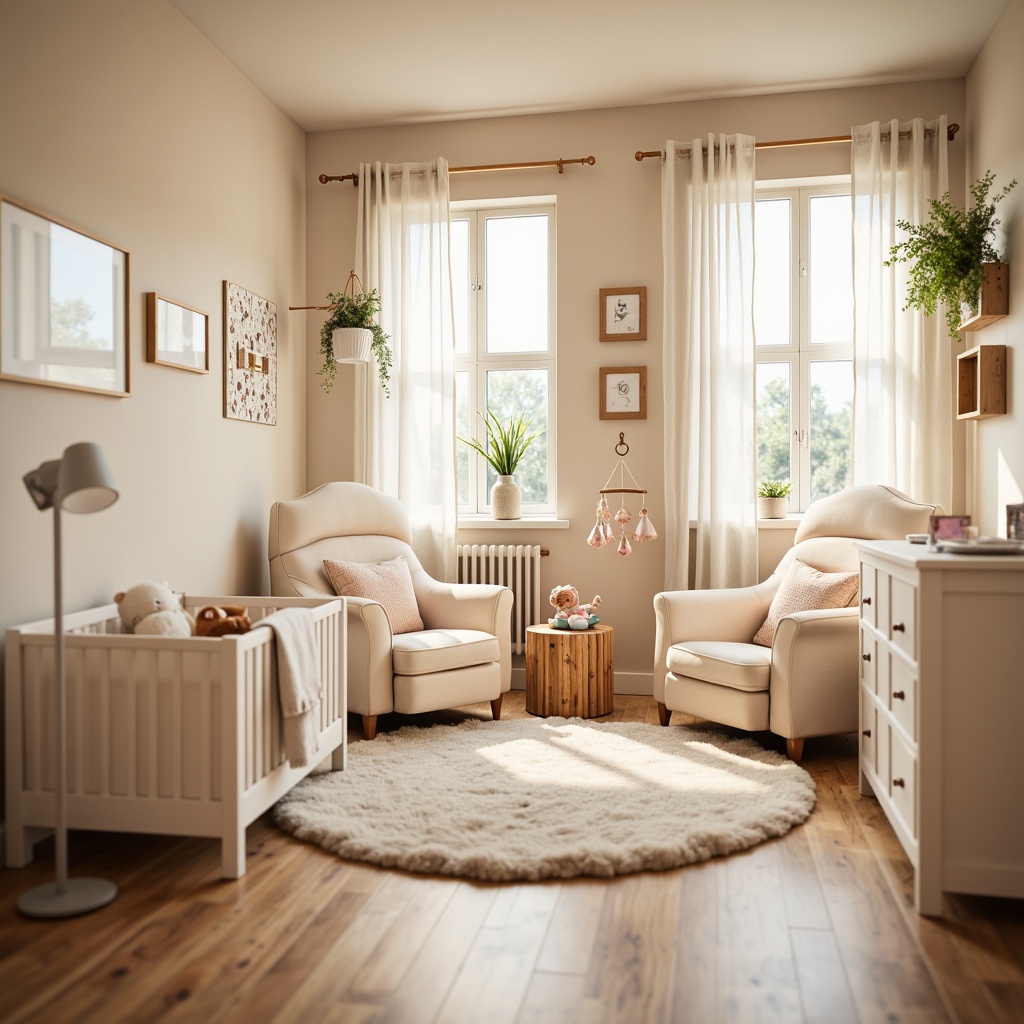 Prompt: Cozy nursery, soft plush toys, gentle pastel colors, warm beige walls, comfortable cribs, soothing mobiles, delicate lace curtains, creamy white furniture, velvety carpets, calming ambient lighting, natural wood accents, minimalist decor, serene atmosphere, peaceful ambiance, soft focus, shallow depth of field, 1/1 composition, realistic textures.