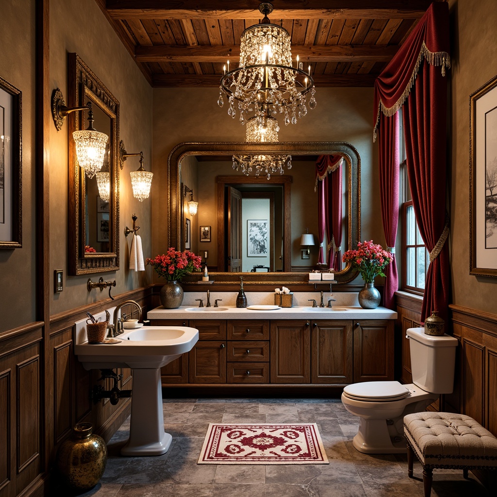 Prompt: Whimsical powder room, ornate mirrors, velvet drapes, luxurious furnishings, eclectic decorative accents, crystal chandeliers, sconce lighting, metal lanterns, beaded fixtures, tassel details, soft warm glow, ambient illumination, rustic wooden beams, distressed finishes, vintage apothecary cabinets, antique hardware, rich jewel tones, metallic sheens, abstract artwork, bold patterned rugs.