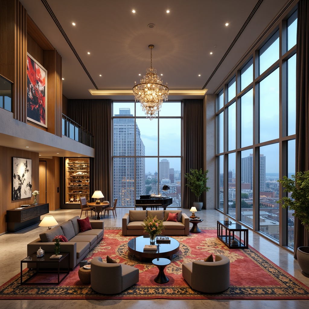 Prompt: Luxurious penthouse interior, high ceilings, expansive windows, panoramic city views, sleek modern furniture, minimalist decor, polished marble floors, metallic accents, abstract expressionist art pieces, vibrant colorful textiles, eclectic decorative objects, dramatic lighting fixtures, floor-to-ceiling drapes, cozy reading nooks, grand pianos, wine cellars, lavish chandeliers, 1/1 composition, soft warm glow, shallow depth of field, realistic reflections.