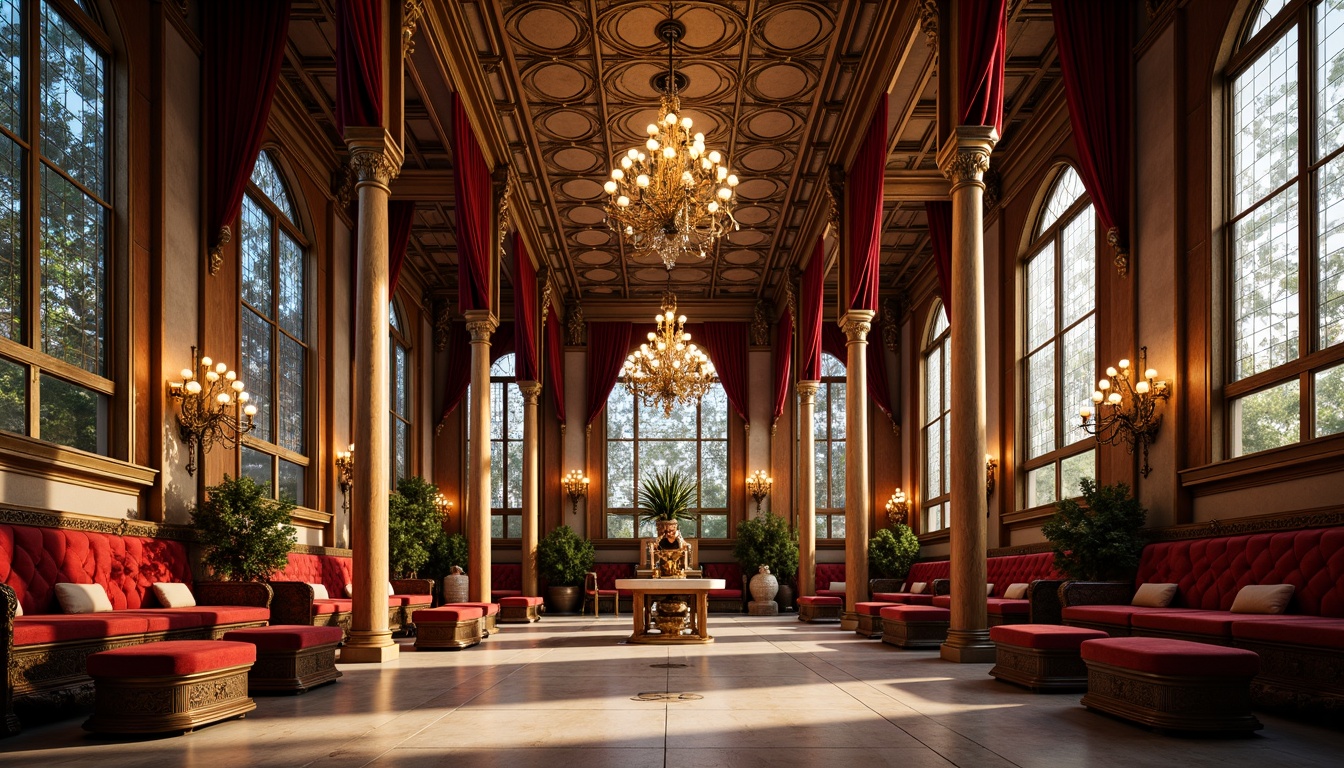 Prompt: Luxurious sanctuary, ornate chandeliers, rich velvet fabrics, intricately carved wooden accents, gilded details, majestic stained glass windows, grandiose archways, opulent marble floors, lavish drapery, antique furniture pieces, vintage religious artifacts, warm golden lighting, dramatic shadows, symmetrical composition, regal atmosphere, spiritual ambiance.