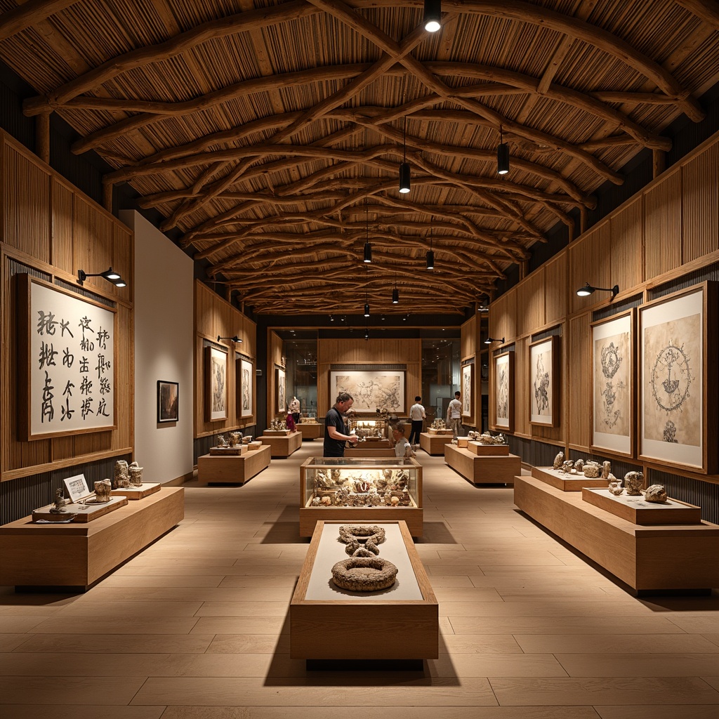 Prompt: Earthy exhibition hall, reclaimed wood accents, natural stone walls, bamboo flooring, organic curves, rustic metal frames, lantern-inspired lighting, woven textiles, cultural artifacts, traditional patterns, earthy color palette, warm soft lighting, shallow depth of field, 2/3 composition, intimate atmosphere, realistic textures, ambient occlusion.