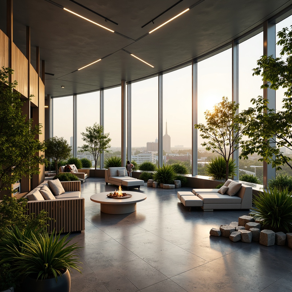 Prompt: Sun-drenched sunroom, futuristic curved lines, gleaming silver frames, floor-to-ceiling windows, sliding glass doors, minimal ornamentation, polished concrete floors, industrial-chic decor, ambient LED lighting, lush greenery, vibrant tropical plants, natural stone accents, cantilevered rooflines, expansive cityscape views, warm golden hour, soft diffused light, shallow depth of field, 1/1 composition, panoramic view, realistic reflections, subtle atmospheric fog.